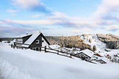 Vakantiepark Landal Winterberg in een besneeuwd landschap met een skipiste