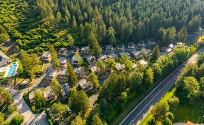 Luchtfoto van vakantiehuizen naast een bos op vakantiepark EuroParcs Pressegger See
