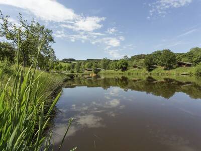 Recreatievijver op vakantiepark Landal Wirfttal met op de achtergrond vakantiehuizen