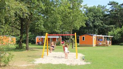 Kinderen op de schommel tussen de chalets op vakantiepark Molecaten Park De Koerberg