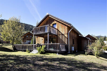 Zomerfoto van een vrijstaand houten chalet op Alps Resorts Almdorf Stadl