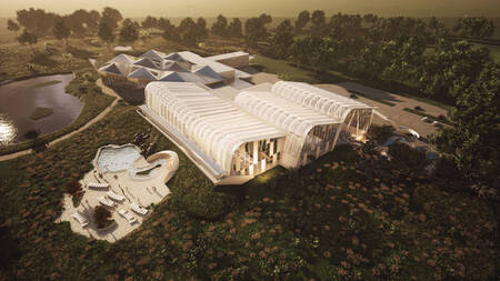 Impressie luchtfoto van het nieuwe Aqua Mundo van Center Parcs Nordborg Resort