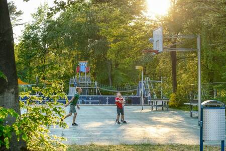 Kinderen basketballen op het basketbalveld van camping De Berenkuil