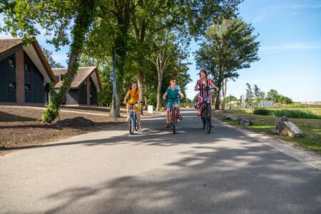 Gezin fietst langs vakantiehuizen op vakantiepark EuroParcs De IJssel Eilanden