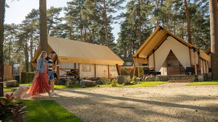Stel wandelt voor Lodges type "Papendaal lodge 4" op vakantiepark EuroParcs Hoge Kempen