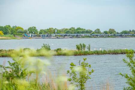 Chalets op vakantiepark EuroParcs Markermeer gezien vanaf het Markermeer