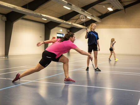 Gezin op de indoor badmintonbaan van vakantiepark Landal Beach Park Grønhøj Strand