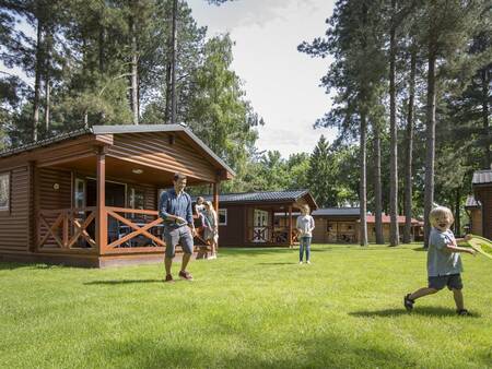 Gezin speelt op het grasveld bij chalets op vakantiepark Landal Mooi Zutendaal