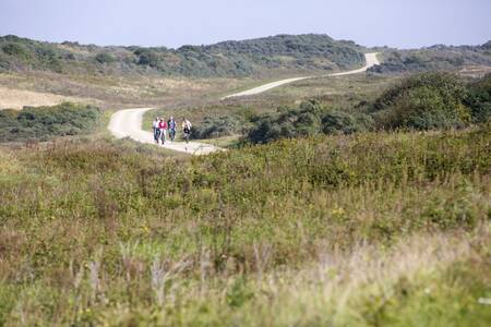 Mensen fietsen door de duinen nabij Ouddorp en vakantiepark Roompot Strandpark Duynhille