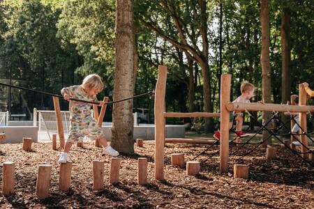 Kinderen op houten speeltoestellen in een speeltuin op Roompot Vakantiepark Kijkduin