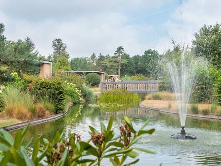 Brug over een vijver met fontein op vakantiepark Topparken Landgoed de Scheleberg