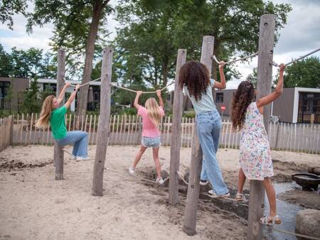 Kinderen klimmen in een speeltuin op vakantiepark Topparken Résidence De Leuvert