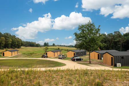 Nature Lodges op een veld op vakantiepark Wilsumer Berge